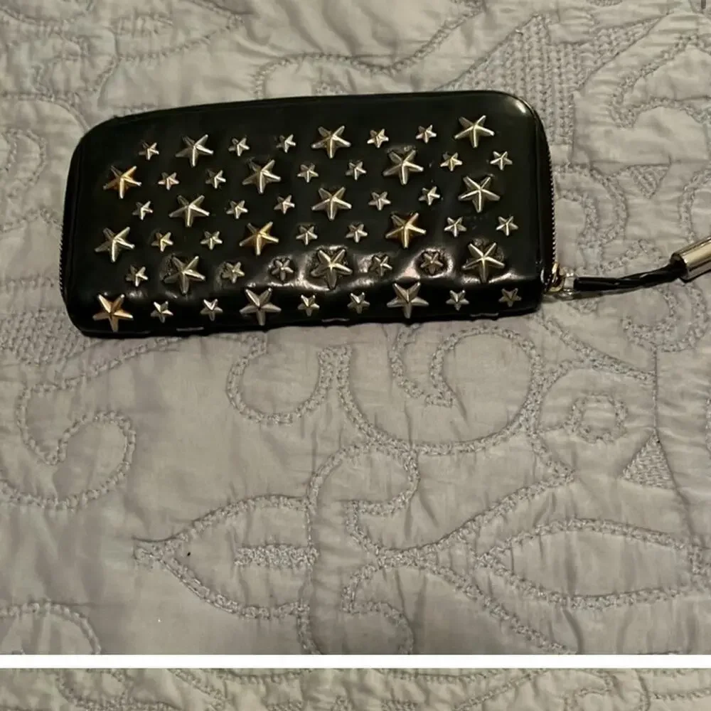 Vintage Jimmy Choo Black Leather Star Studded Long Zipper Wallet